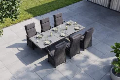 OUTFLEXX Serro Garten-Essgruppe, schwarz/anthrazit/grau, Aluminium/Polyrattan/Steinimitat, Tisch 200/260 x 100 cm, 6 Diningsessel