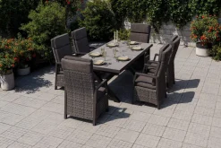 OUTFLEXX Serro Garten-Essgruppe, schwarz/anthrazit/grau, Aluminium/Polyrattan/Steinimitat, Tisch 200/260 x 100 cm, 6 Diningsessel