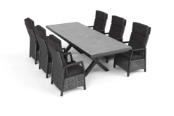 OUTFLEXX Serro Garten-Essgruppe, schwarz/anthrazit/grau, Aluminium/Polyrattan/Steinimitat, Tisch 200/260 x 100 cm, 6 Diningsessel