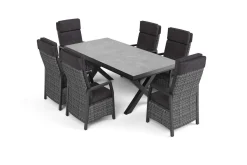 OUTFLEXX Serro Garten-Essgruppe, schwarz/anthrazit/grau, Aluminium/Polyrattan/Steinimitat, Tisch 200/260 x 100 cm, 6 Diningsessel
