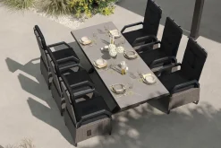 OUTFLEXX Serro Garten-Essgruppe, schwarz/grau, Aluminium/Polyrattan/Steinimitat, 200/260 x 100 cm, ausziehbar, 6 Diningsessel