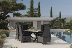 OUTFLEXX Serro Garten-Essgruppe, schwarz/grau, Aluminium/Polyrattan/Steinimitat, 200/260 x 100 cm, ausziehbar, 6 Diningsessel