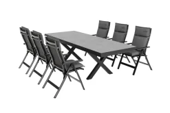 OUTFLEXX Serro Garten-Essgruppe, anthrazit matt/schwarz/anthrazit Alu/Steinimitat/Textilene, 200/260 x 100 cm, 6 Klappstühle inkl. 6 Auflagen