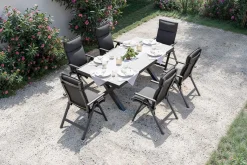 OUTFLEXX Serro Garten-Essgruppe, anthrazit matt/schwarz/anthrazit Alu/Steinimitat/Textilene, 200/260 x 100 cm, 6 Klappstühle inkl. 6 Auflagen