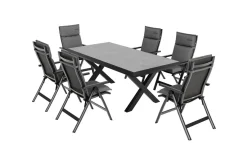 OUTFLEXX Serro Garten-Essgruppe, anthrazit matt/schwarz/anthrazit Alu/Steinimitat/Textilene, 200/260 x 100 cm, 6 Klappstühle inkl. 6 Auflagen