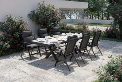 OUTFLEXX Serro Garten-Essgruppe, anthrazit matt/schwarz/anthrazit Alu/Steinimitat/Textilene, 200/260 x 100 cm, 6 Klappstühle inkl. 6 Auflagen