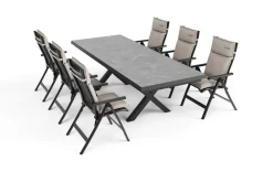 OUTFLEXX Serro Garten-Essgruppe, anthrazit matt/schwarz/grau/nature, Alu/Steinimitat/Textilene, 200/260 x 100 cm, 6 Klappstühle inkl. 6 Auflagen