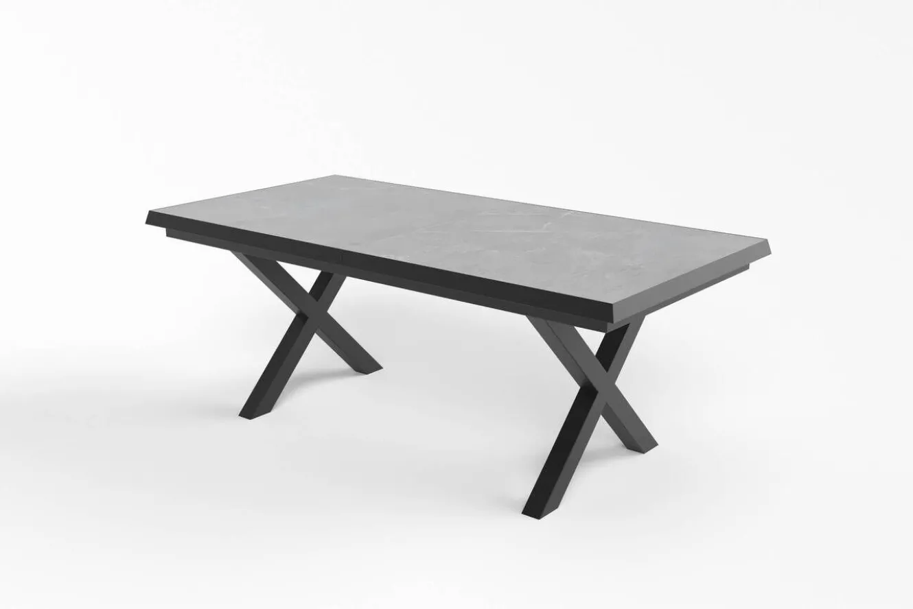 OUTFLEXX Serro Garten-Essgruppe, anthrazit matt/schwarz/grau/nature, Alu/Steinimitat/Textilene, 200/260 x 100 cm, 6 Klappstühle inkl. 6 Auflagen