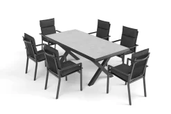 OUTFLEXX Serro Garten-Essgruppe, anthrazit matt/schwarz/grau, Alu/Steinimitat/Textilene/Polyester, Tisch 200/260 x 100 cm, 6 Stapelsessel inkl. 6 Auflagen