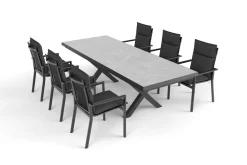 OUTFLEXX Serro Garten-Essgruppe, anthrazit matt/schwarz/grau, Alu/Steinimitat/Textilene/Polyester, Tisch 200/260 x 100 cm, 6 Stapelsessel inkl. 6 Auflagen