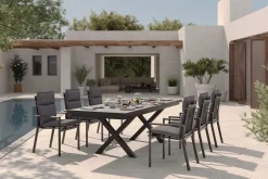 OUTFLEXX Serro Garten-Essgruppe, anthrazit matt/schwarz/grau, Alu/Steinimitat/Textilene/Polyester, Tisch 200/260 x 100 cm, 6 Stapelsessel inkl. 6 Auflagen
