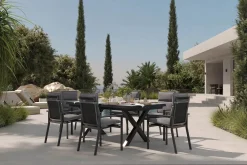 OUTFLEXX Serro Garten-Essgruppe, anthrazit matt/schwarz/grau, Alu/Steinimitat/Textilene/Polyester, Tisch 200/260 x 100 cm, 6 Stapelsessel inkl. 6 Auflagen