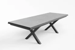 OUTFLEXX Serro Garten-Essgruppe, anthrazit matt/schwarz,nature, Alu/Steinimitat/Textilene/Polyester, Tisch 200/260 x 100 cm, 6 Stapelsessel inkl. 6 Auflagen