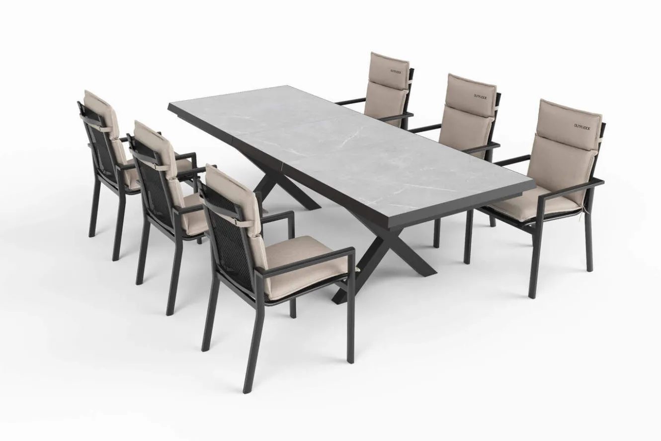 OUTFLEXX Serro Garten-Essgruppe, anthrazit matt/schwarz,nature, Alu/Steinimitat/Textilene/Polyester, Tisch 200/260 x 100 cm, 6 Stapelsessel inkl. 6 Auflagen