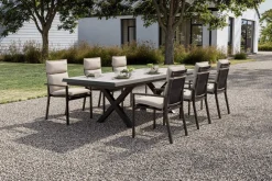 OUTFLEXX Serro Garten-Essgruppe, anthrazit matt/schwarz,nature, Alu/Steinimitat/Textilene/Polyester, Tisch 200/260 x 100 cm, 6 Stapelsessel inkl. 6 Auflagen
