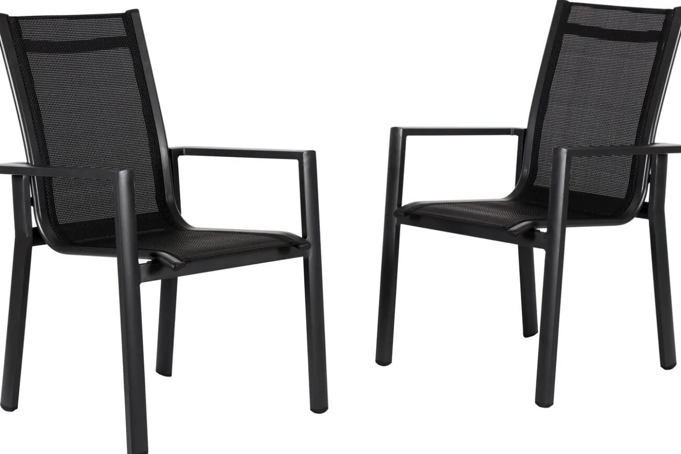 OUTFLEXX Serro Garten-Essgruppe, anthrazit matt/schwarz,nature, Alu/Steinimitat/Textilene/Polyester, Tisch 200/260 x 100 cm, 6 Stapelsessel inkl. 6 Auflagen