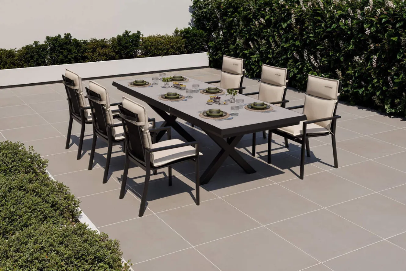 OUTFLEXX Serro Garten-Essgruppe, anthrazit matt/schwarz,nature, Alu/Steinimitat/Textilene/Polyester, Tisch 200/260 x 100 cm, 6 Stapelsessel inkl. 6 Auflagen