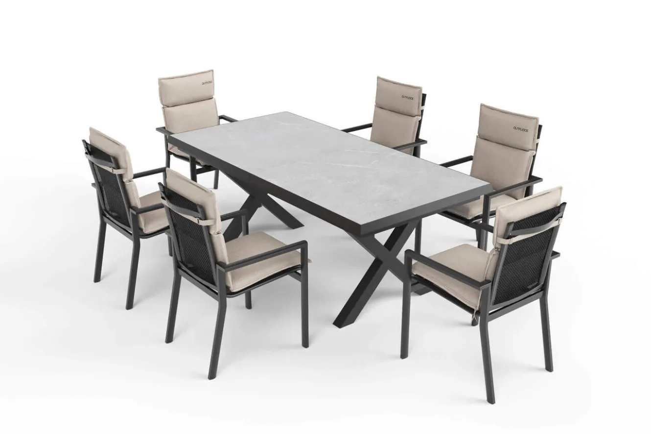 OUTFLEXX Serro Garten-Essgruppe, anthrazit matt/schwarz,nature, Alu/Steinimitat/Textilene/Polyester, Tisch 200/260 x 100 cm, 6 Stapelsessel inkl. 6 Auflagen