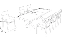 OUTFLEXX Serro Garten-Essgruppe, anthrazit matt/schwarz,nature, Alu/Steinimitat/Textilene/Polyester, Tisch 200/260 x 100 cm, 6 Stapelsessel inkl. 6 Auflagen