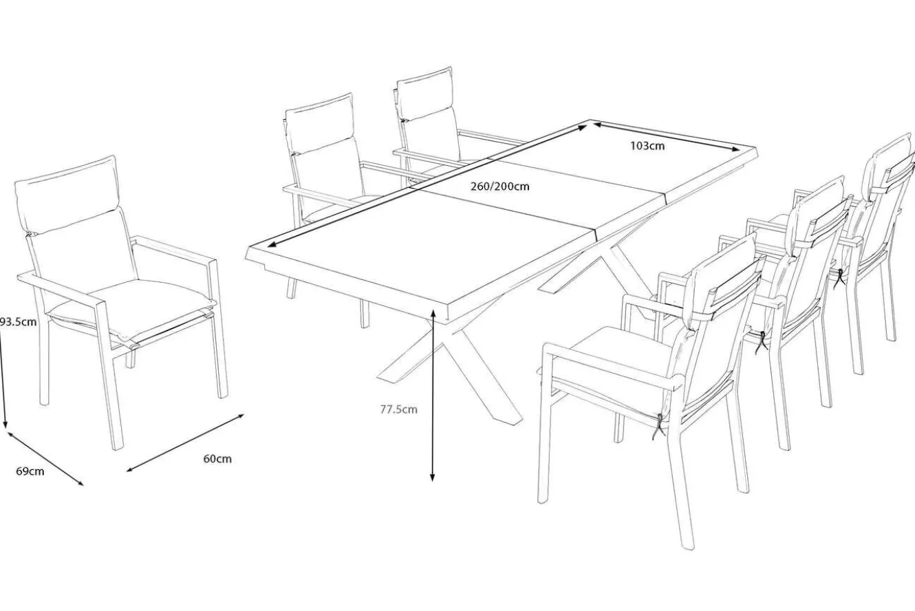 OUTFLEXX Serro Garten-Essgruppe, anthrazit matt/schwarz,nature, Alu/Steinimitat/Textilene/Polyester, Tisch 200/260 x 100 cm, 6 Stapelsessel inkl. 6 Auflagen