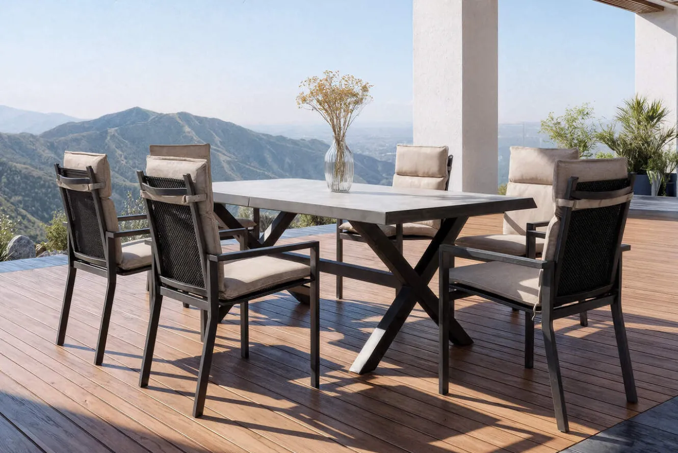 OUTFLEXX Serro Garten-Essgruppe, anthrazit matt/schwarz,nature, Alu/Steinimitat/Textilene/Polyester, Tisch 200/260 x 100 cm, 6 Stapelsessel inkl. 6 Auflagen