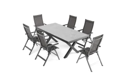 OUTFLEXX Serro Garten-Essgruppe, anthrazit matt/schwarz/grau, Aluminium/Steinimitat/Textilene, 200/260 x 100 cm, ausziehbar, 6 Klappstühle