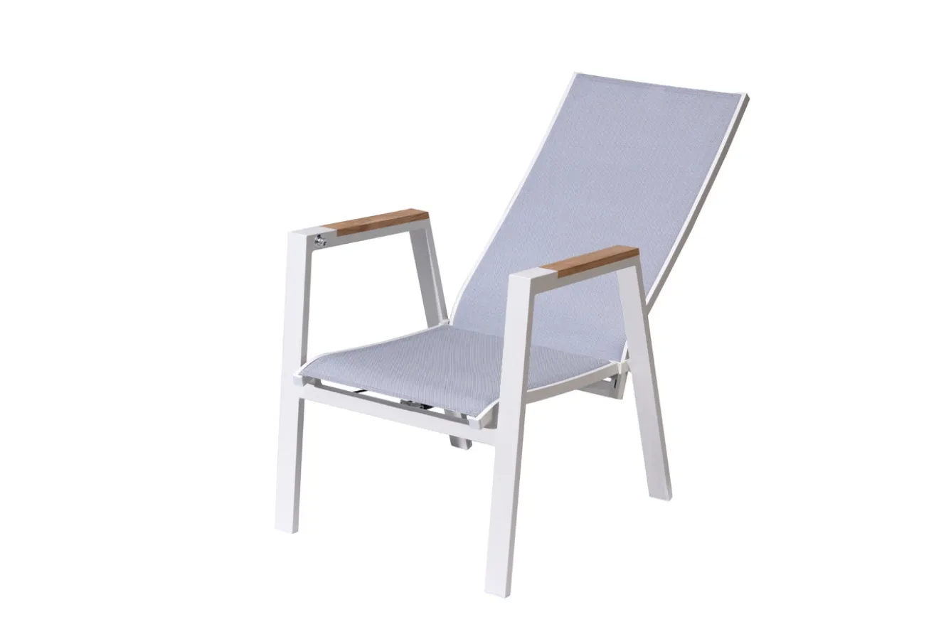 OUTFLEXX Sessel, creme/weiß, Alu/Textilene, mit Teak-Armlehnen, wetterfest, hochwertig, abnehmbarer Bezug