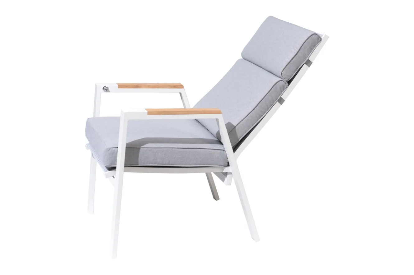 OUTFLEXX Sessel, creme/weiß, Alu/Textilene, mit Teak-Armlehnen, wetterfest, hochwertig, abnehmbarer Bezug