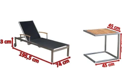 OUTFLEXX Sonnenliegen-Set, schwarz, Edelstahl/Teak, 195,5x74x35cm, mit Armlehnen, inkl. Beistelltisch 45x45cm, FSC®-zertifiziertes Produkt