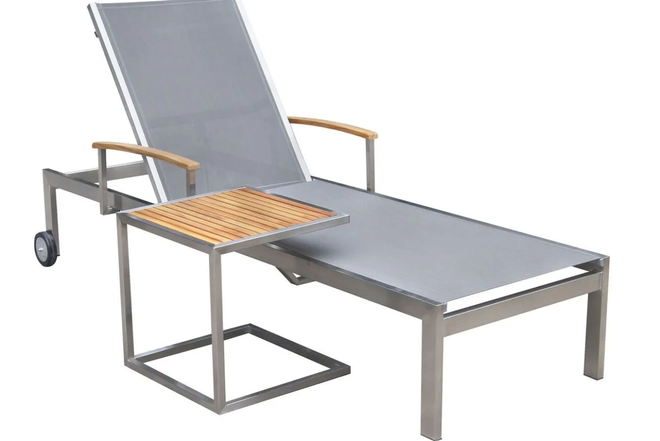 OUTFLEXX Sonnenliegen-Set, silber, Edelstahl/Teak, 195,5x74x35cm, mit Armlehnen, inkl. Beistelltisch 45x45cm, FSC®-zertifiziertes Produkt