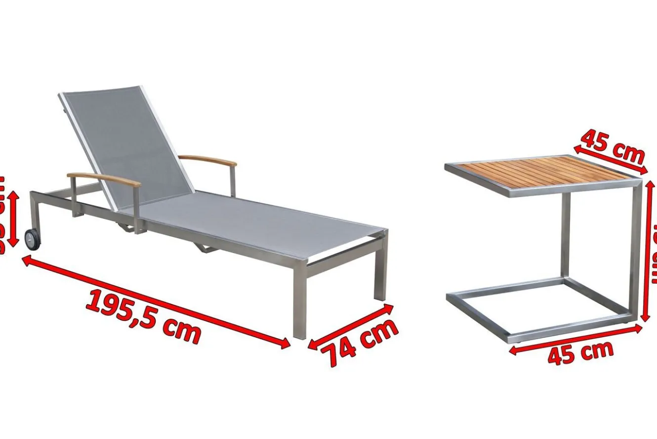 OUTFLEXX Sonnenliegen-Set, silber, Edelstahl/Teak, 195,5x74x35cm, mit Armlehnen, inkl. Beistelltisch 45x45cm, FSC®-zertifiziertes Produkt