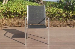 OUTFLEXX Stapelsessel, schwarz, Teak / Edelstahl / Textilene, 63x57x93 cm