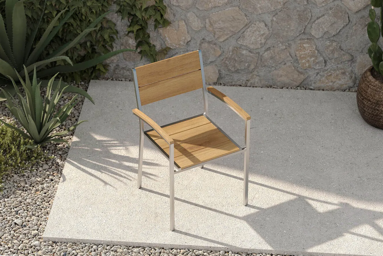 OUTFLEXX Stapelstuhl, silber/naturbelassen, Edelstahl/Teak, stapelbar, gebürstet, FSC®-zertifiziertes Produkt