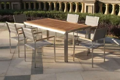 OUTFLEXX Stuhl, silber, Edelstahl/Textilene, padded, Armlehnen aus Teakholz, 62x56,5x86cm