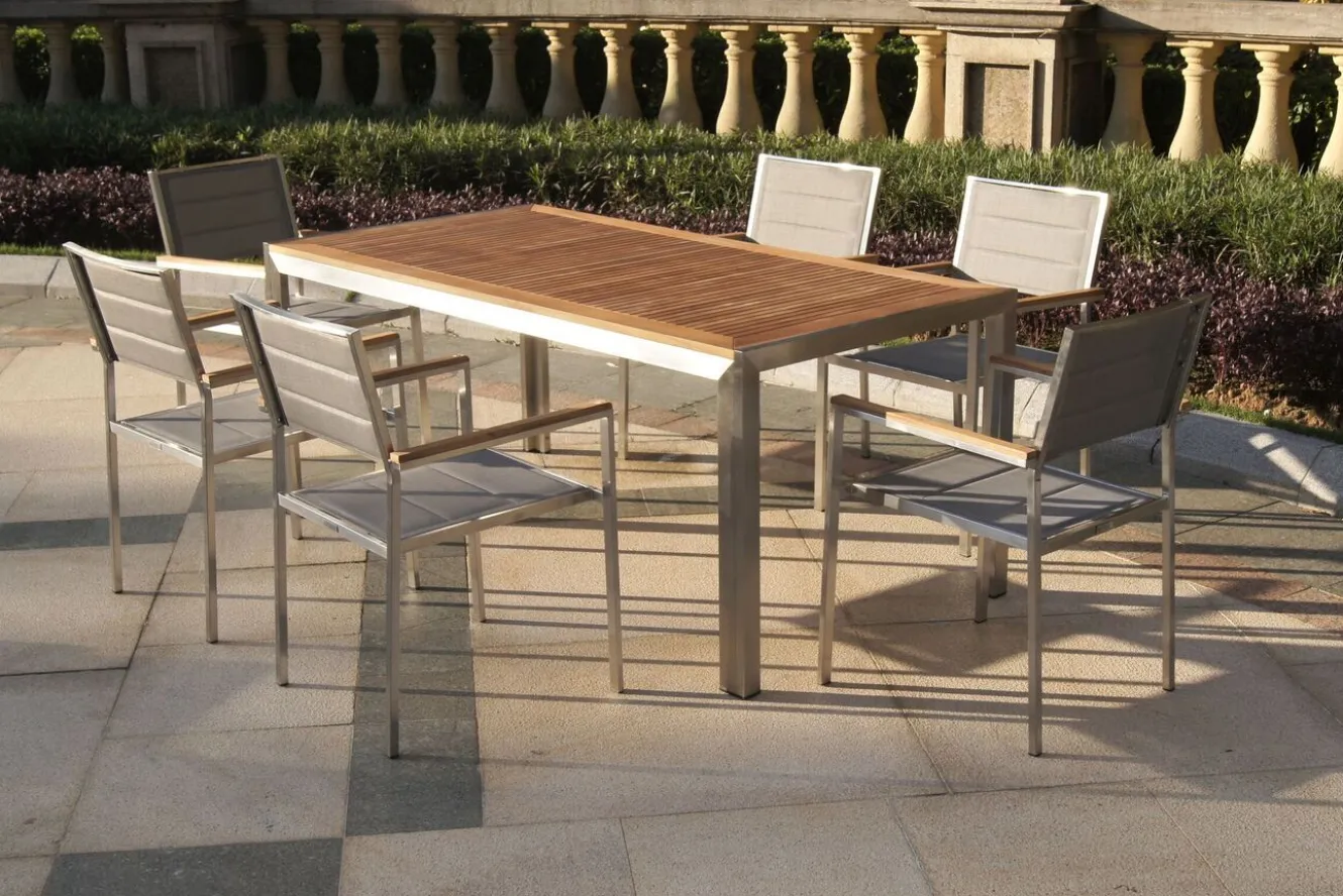 OUTFLEXX Stuhl, silber, Edelstahl/Textilene, padded, Armlehnen aus Teakholz, 62x56,5x86cm