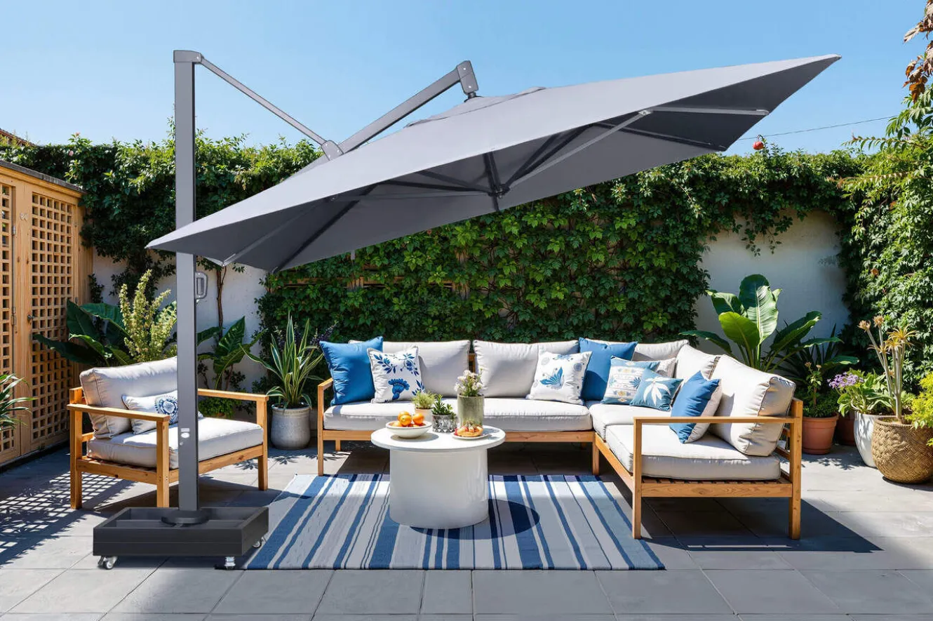 OUTFLEXX Sydney Ampelschirm, anthrazit matt/grau, Alu/Polyester,350 x 350 cm, mit Air-Vent System, inkl. Schirmständer