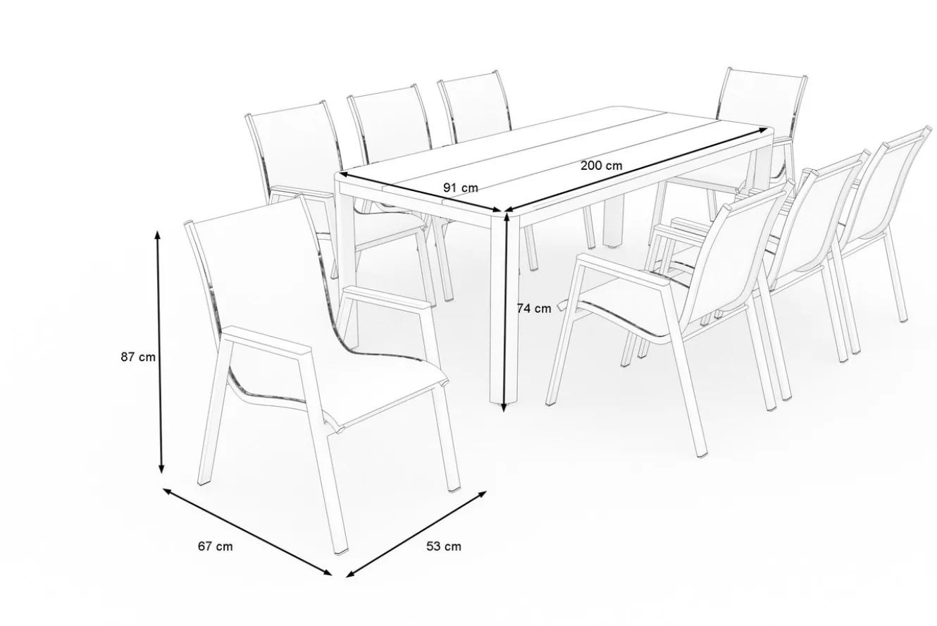 OUTFLEXX Tallinn Garten-Essgruppe, 8 Personen, Tisch 200x90 cm, Alu/Holzimitat, anthrazit/natur