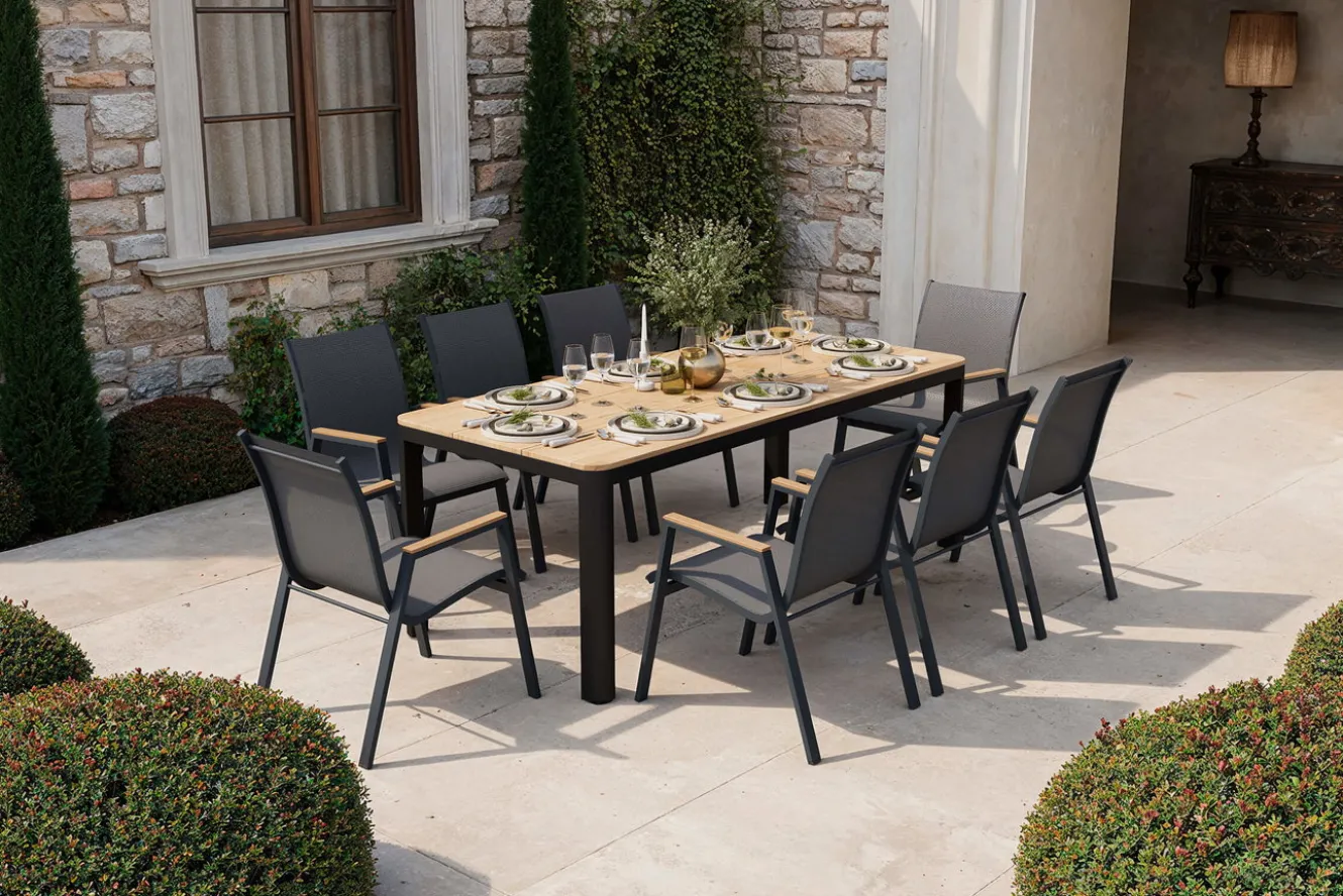 OUTFLEXX Tallinn Garten-Essgruppe, 8 Personen, Tisch 200x90 cm, Alu/Holzimitat, anthrazit/natur