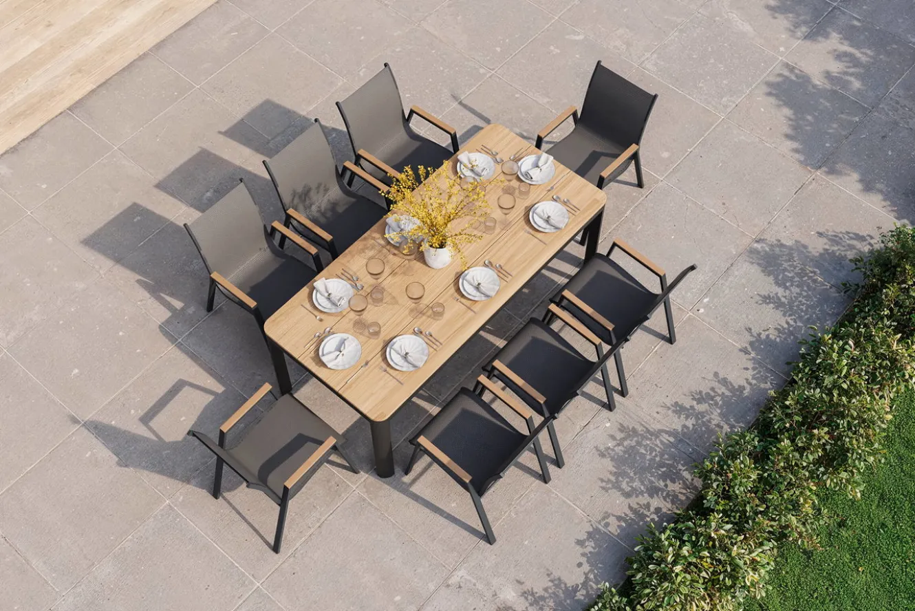 OUTFLEXX Tallinn Garten-Essgruppe, 8 Personen, Tisch 200x90 cm, Alu/Holzimitat, anthrazit/natur