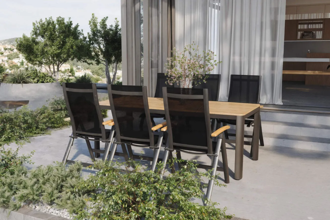 OUTFLEXX Tallinn Garten-Essgruppe, 6 Personen, Tisch 200 x 90 cm, Aluminium/Holzimitat