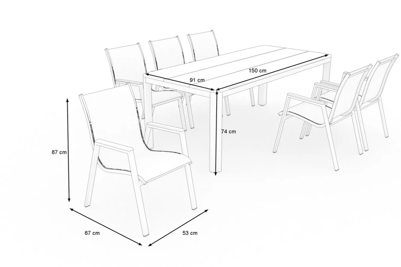 OUTFLEXX Tallinn Garten-Essgruppe mit 6 Stapelsesseln, anthrazit matt/natur, Alu/Holzimitat, Esstisch 150 x 90 cm