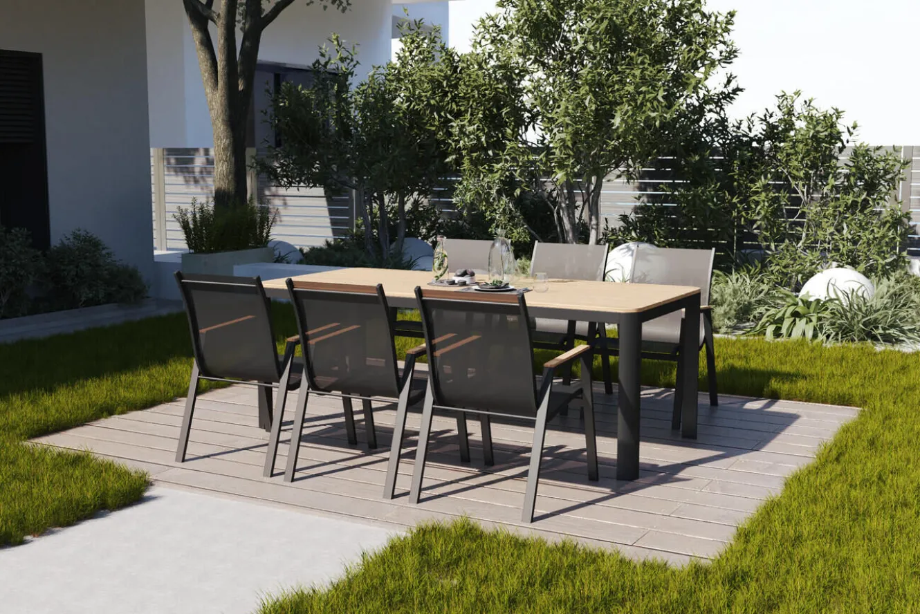 OUTFLEXX Tallinn Garten-Essgruppe mit 6 Stapelsesseln, anthrazit matt/natur, Alu/Holzimitat, Esstisch 150 x 90 cm
