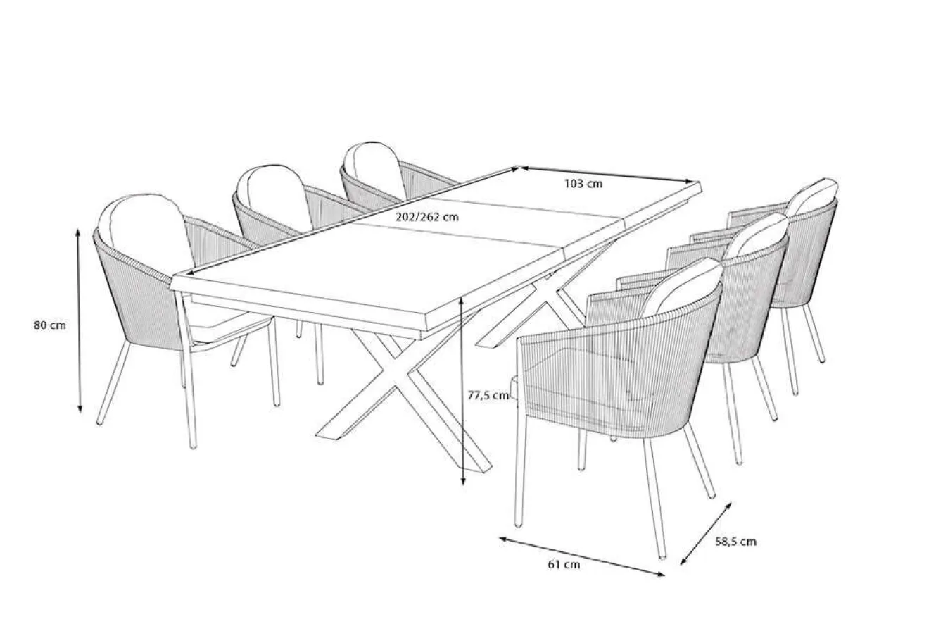 OUTFLEXX Tavio Garten-Essgruppe schwarz/beige, Alu/Steinimitat/Rope-Geflecht, Tisch 200/260 x 100 cm, 6 Diningsessel, ausziehbar