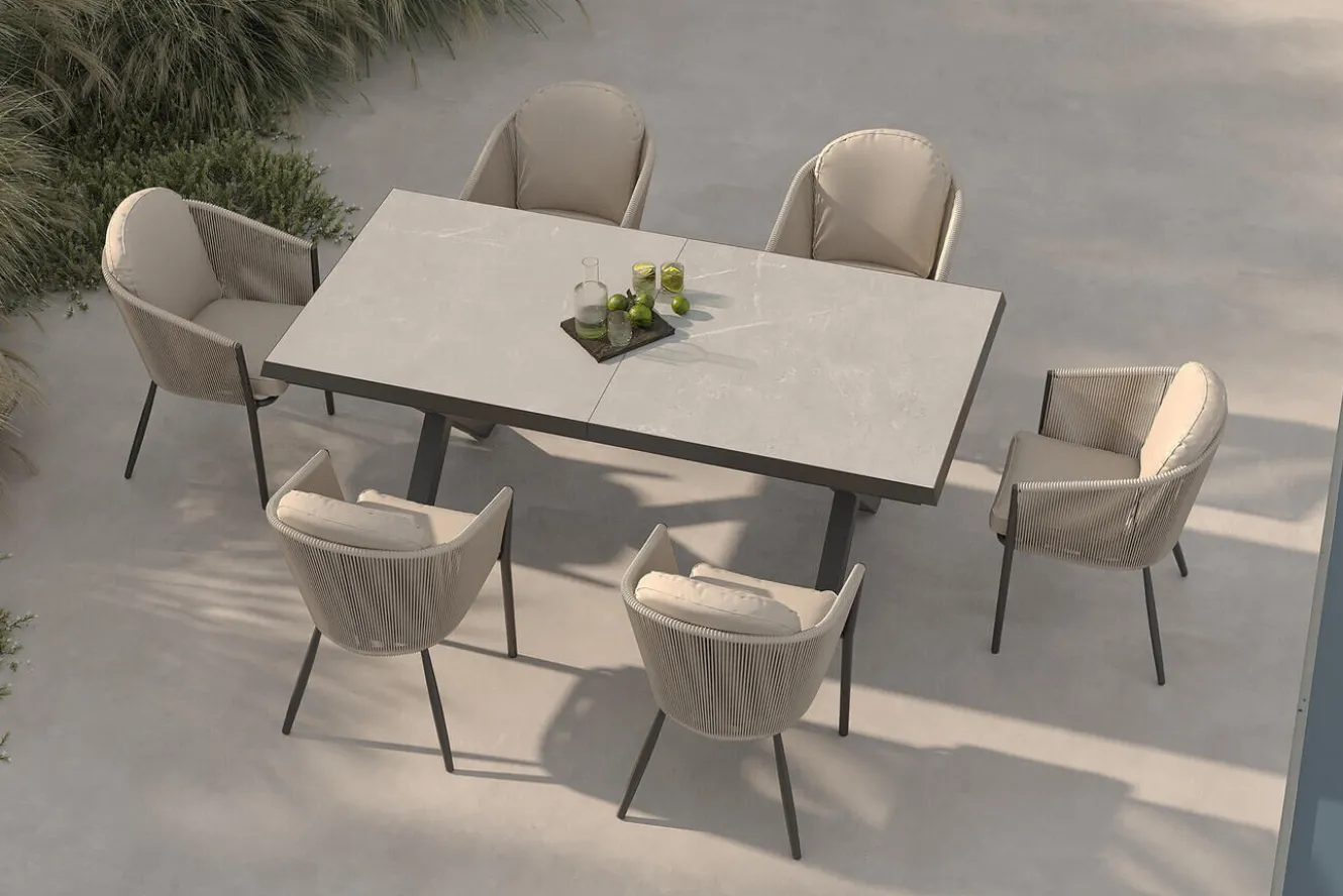 OUTFLEXX Tavio Garten-Essgruppe schwarz/beige, Alu/Steinimitat/Rope-Geflecht, Tisch 200/260 x 100 cm, 6 Diningsessel, ausziehbar
