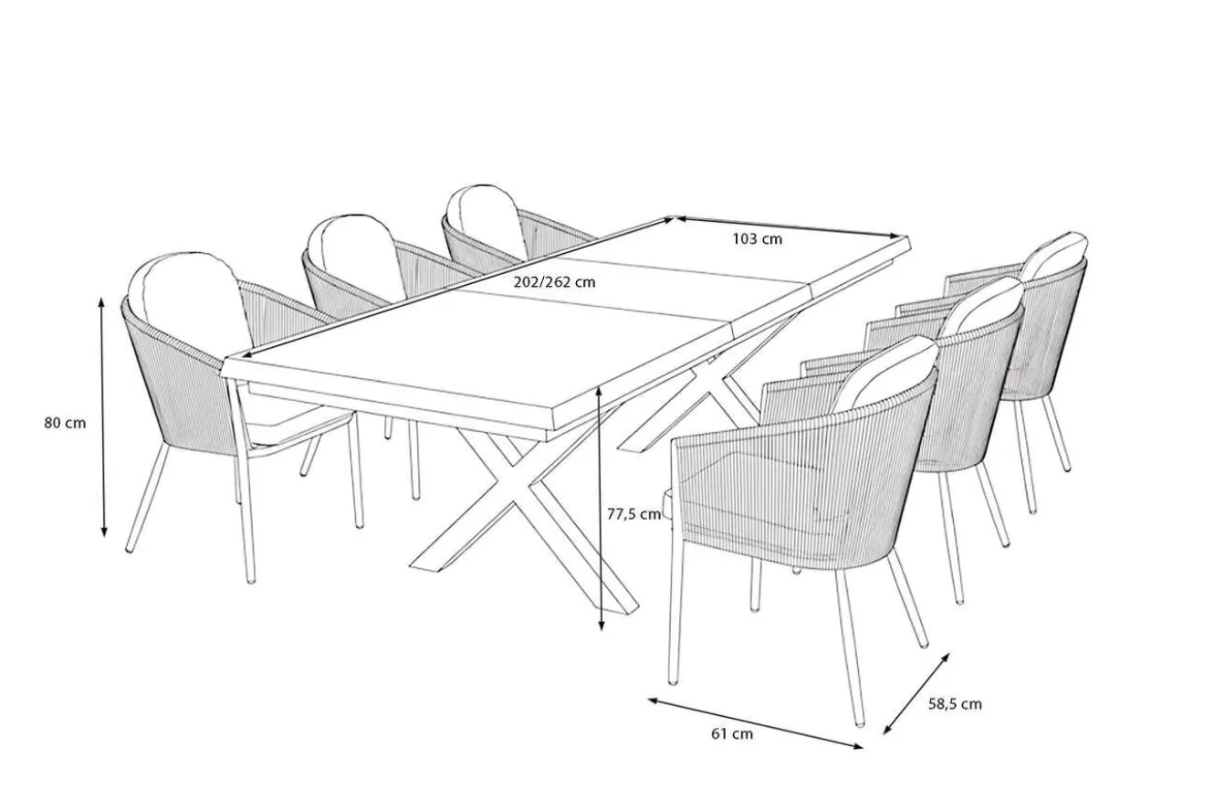 OUTFLEXX Tavio Garten-Essgruppe schwarz/beige, Alu/Steinimitat/Rope-Geflecht, Tisch 200/260 x 100 cm, 6 Diningsessel, ausziehbar