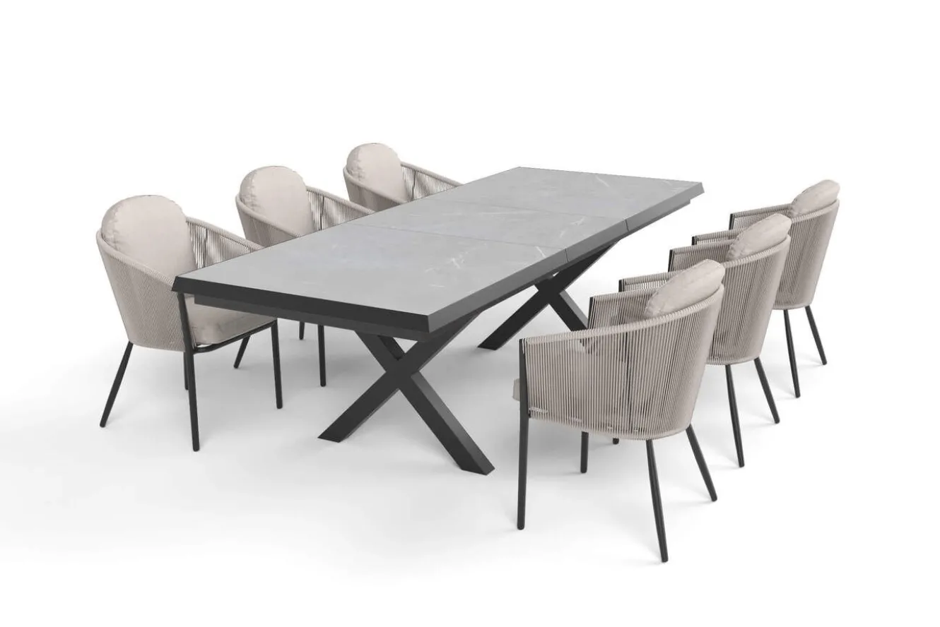 OUTFLEXX Tavio Garten-Essgruppe schwarz/beige, Alu/Steinimitat/Rope-Geflecht, Tisch 200/260 x 100 cm, 6 Diningsessel, ausziehbar