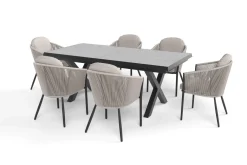 OUTFLEXX Tavio Garten-Essgruppe schwarz/beige, Alu/Steinimitat/Rope-Geflecht, Tisch 200/260 x 100 cm, 6 Diningsessel, ausziehbar