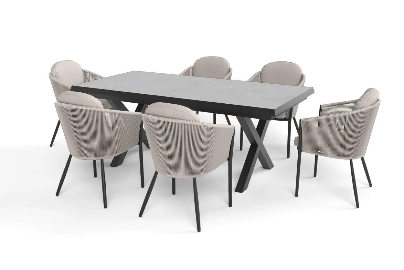 OUTFLEXX Tavio Garten-Essgruppe schwarz/beige, Alu/Steinimitat/Rope-Geflecht, Tisch 200/260 x 100 cm, 6 Diningsessel, ausziehbar