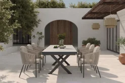 OUTFLEXX Tavio Garten-Essgruppe schwarz/beige, Alu/Steinimitat/Rope-Geflecht, Tisch 200/260 x 100 cm, 6 Diningsessel, ausziehbar