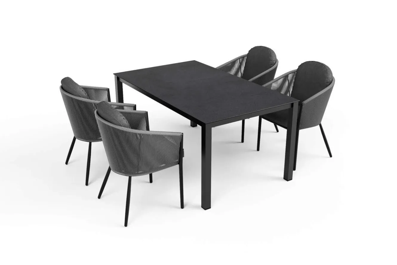 OUTFLEXX Tavio Garten-Essgruppe, anthrazit matt/dunkelgrau, Alu/Rope-Geflecht/Spraystone, 160 x 95 cm, 4 Diningsessel
